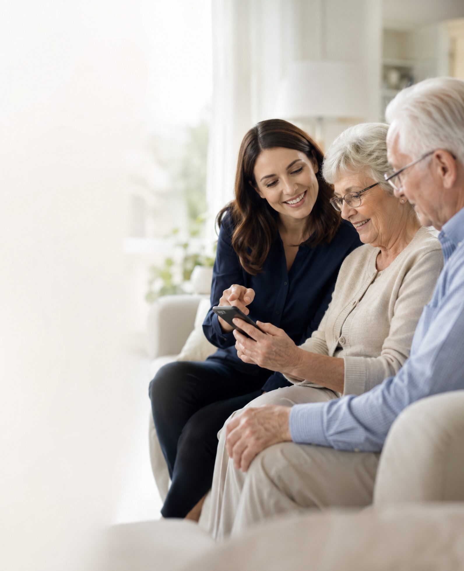A friendly technology helper assisting two seniors with a tablet